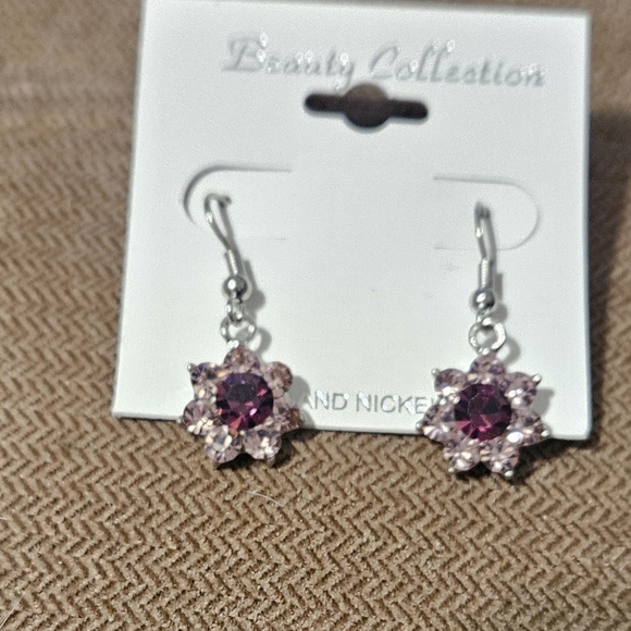 Pink~Purple Rhinestone Flower Drop Earrings - Picture 2 of 3